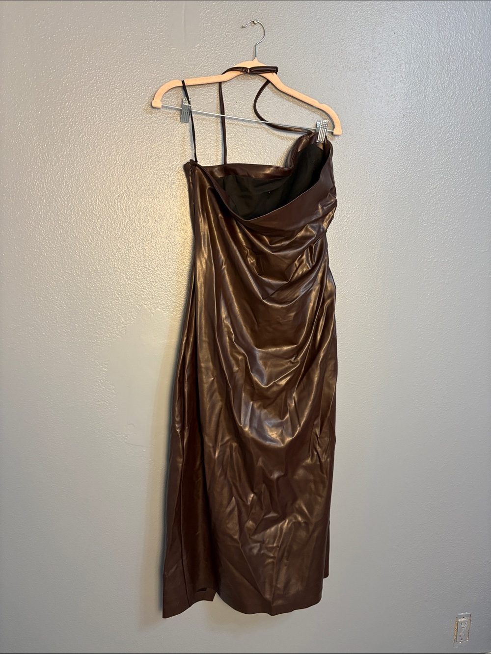 Sleeveless Brown Faux-Leather Wrap Midi Dress - Picture 4 of 5